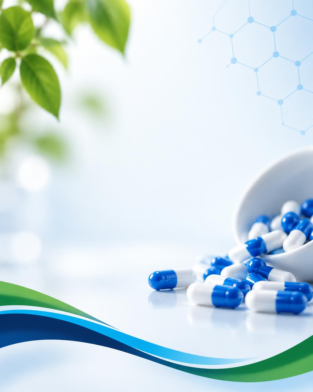 Blue and white capsules spilling from a bowl beside fresh green leaves and a molecular pattern